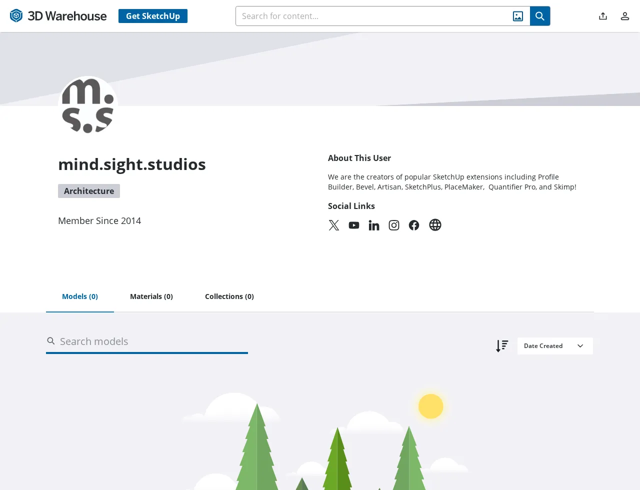 3D Warehouse public profile showing a website social link