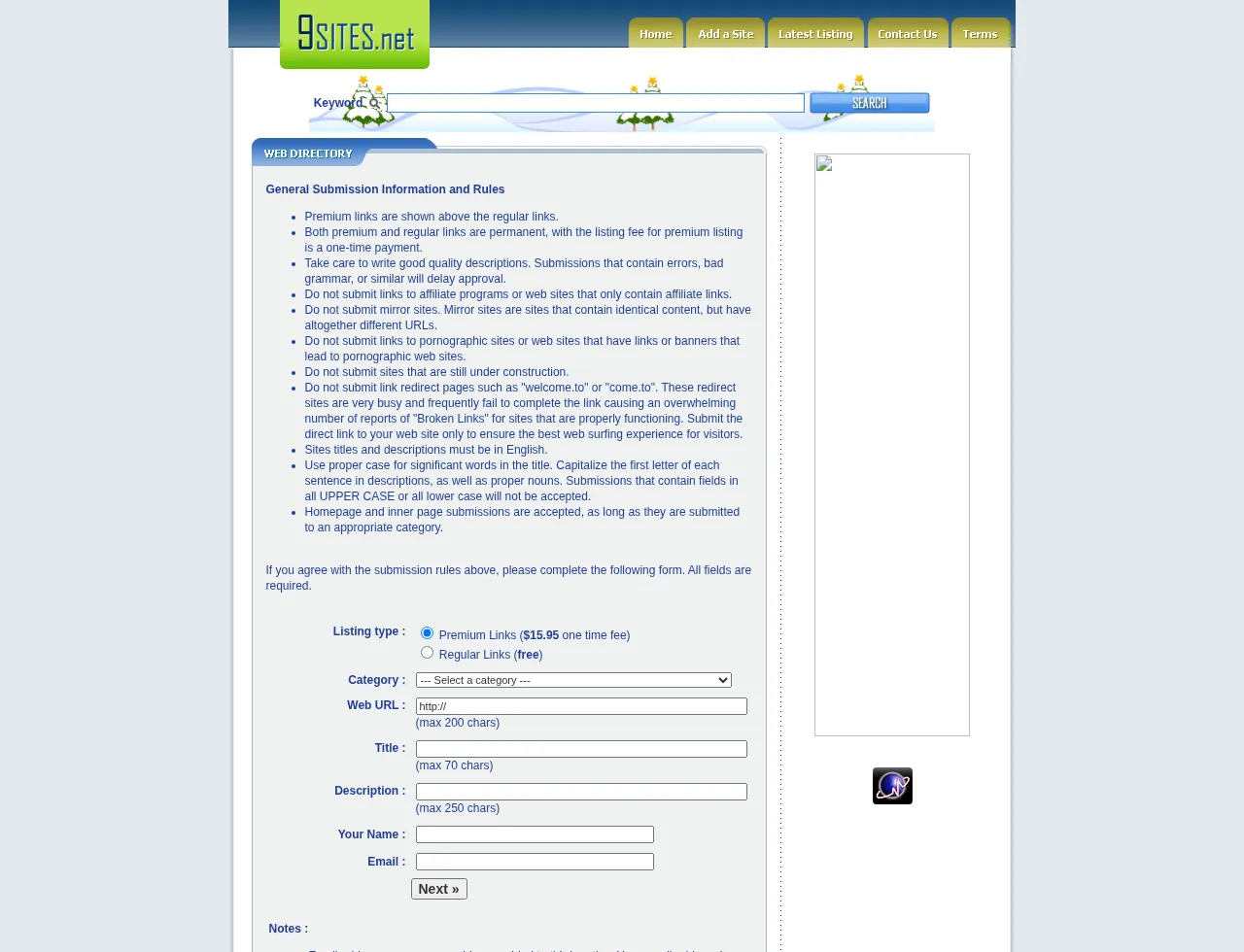 9Sites submission form showing free regular and paid premium listing options