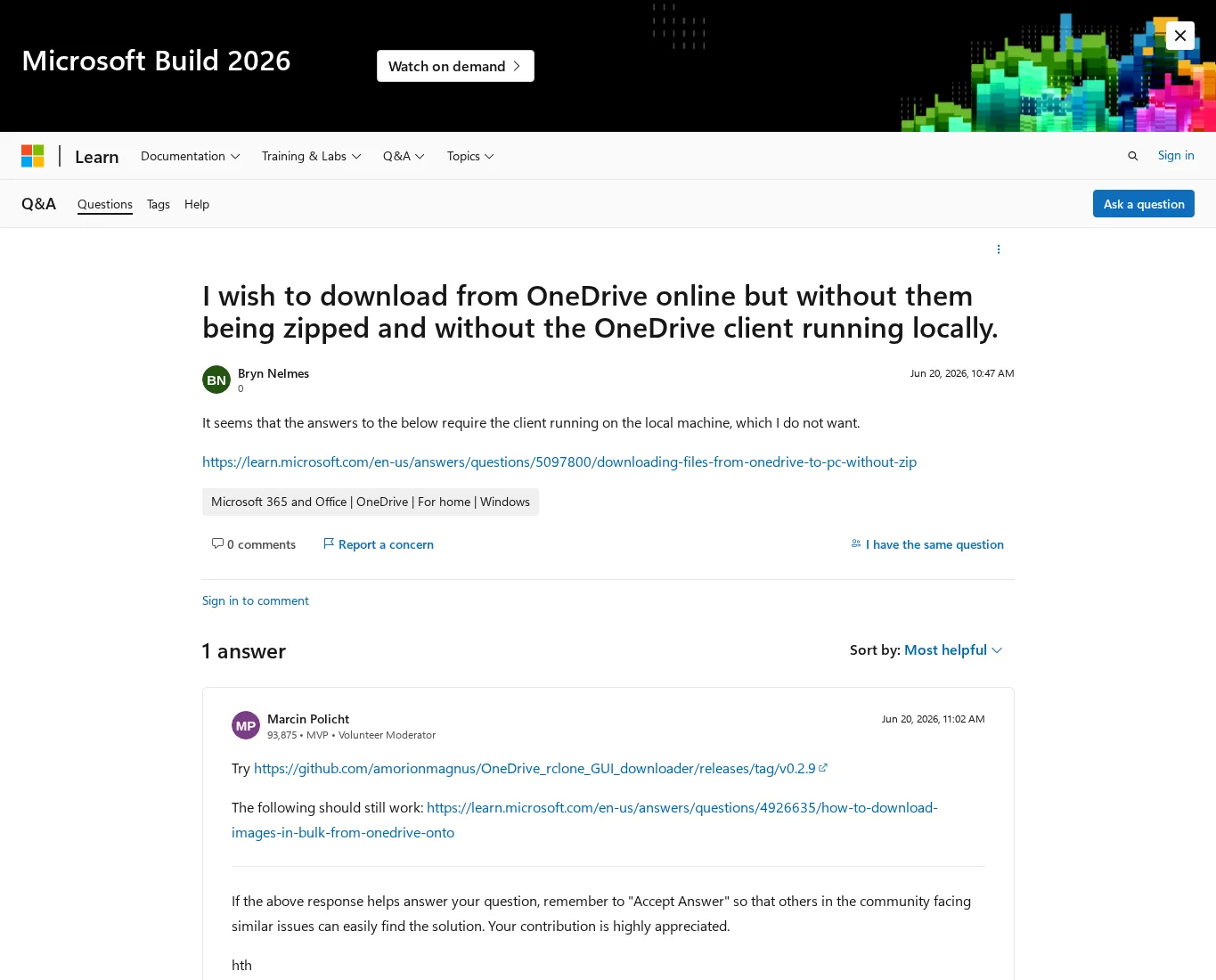 Microsoft Q&A answer showing an external GitHub resource link in a public troubleshooting thread