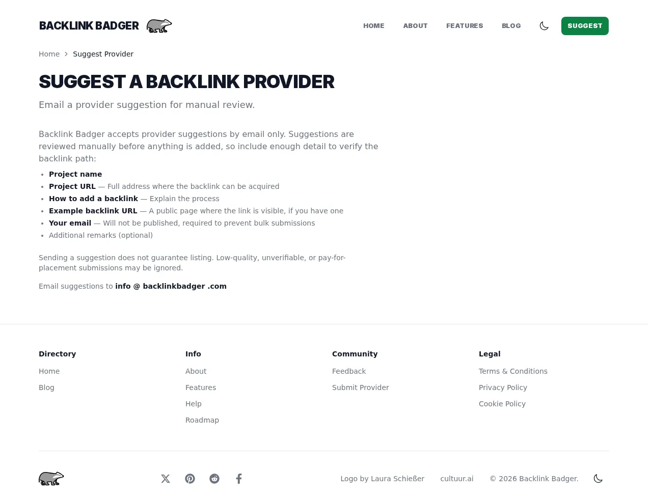 Backlink Badger suggestion page showing the required provider evidence fields