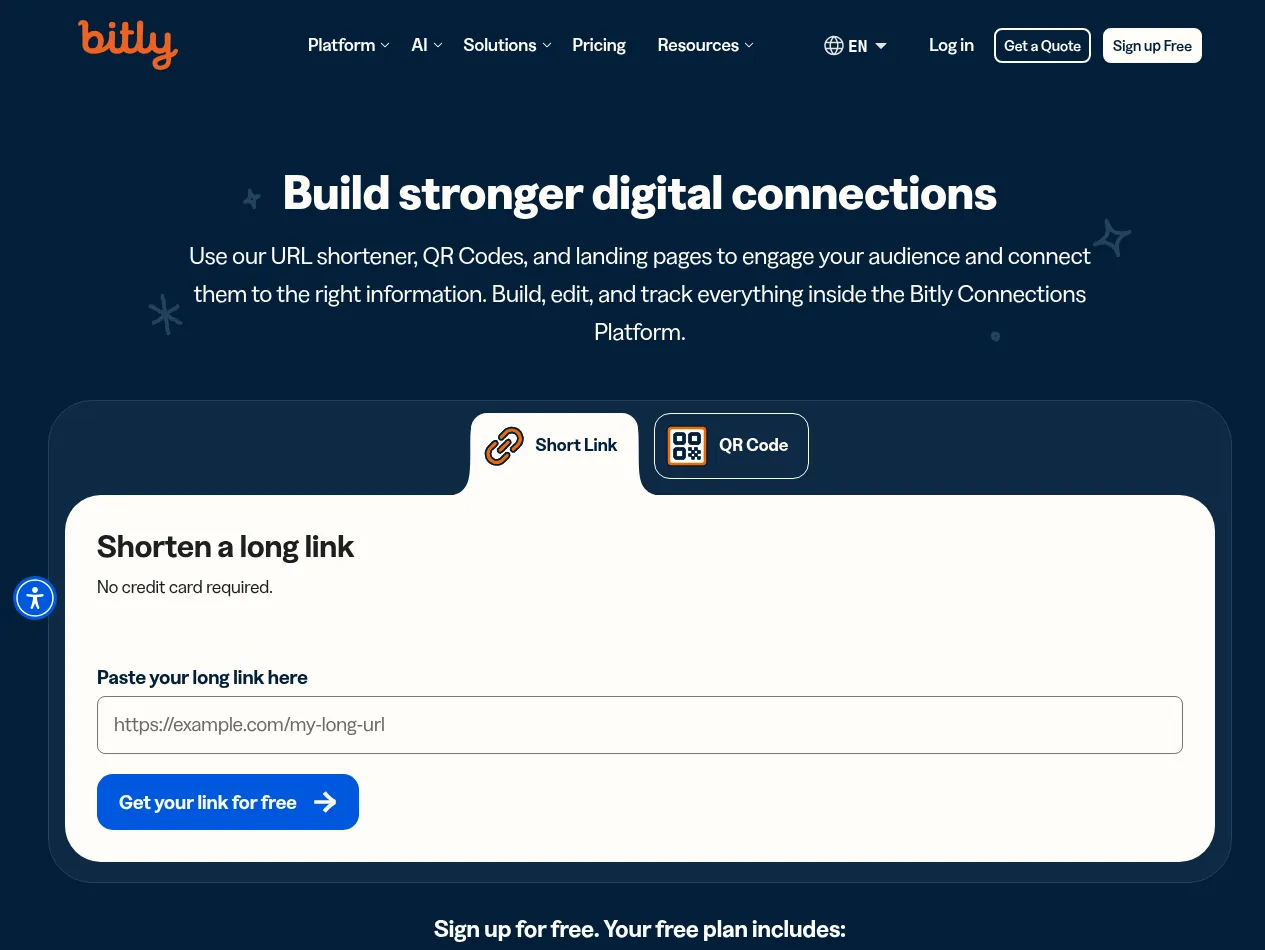 Bitly short-link form showing the field where a user pastes a long destination URL