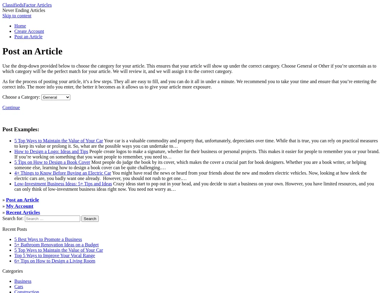 ClassifiedsFactor Articles archived Post an Article page showing the category selector and submission instructions