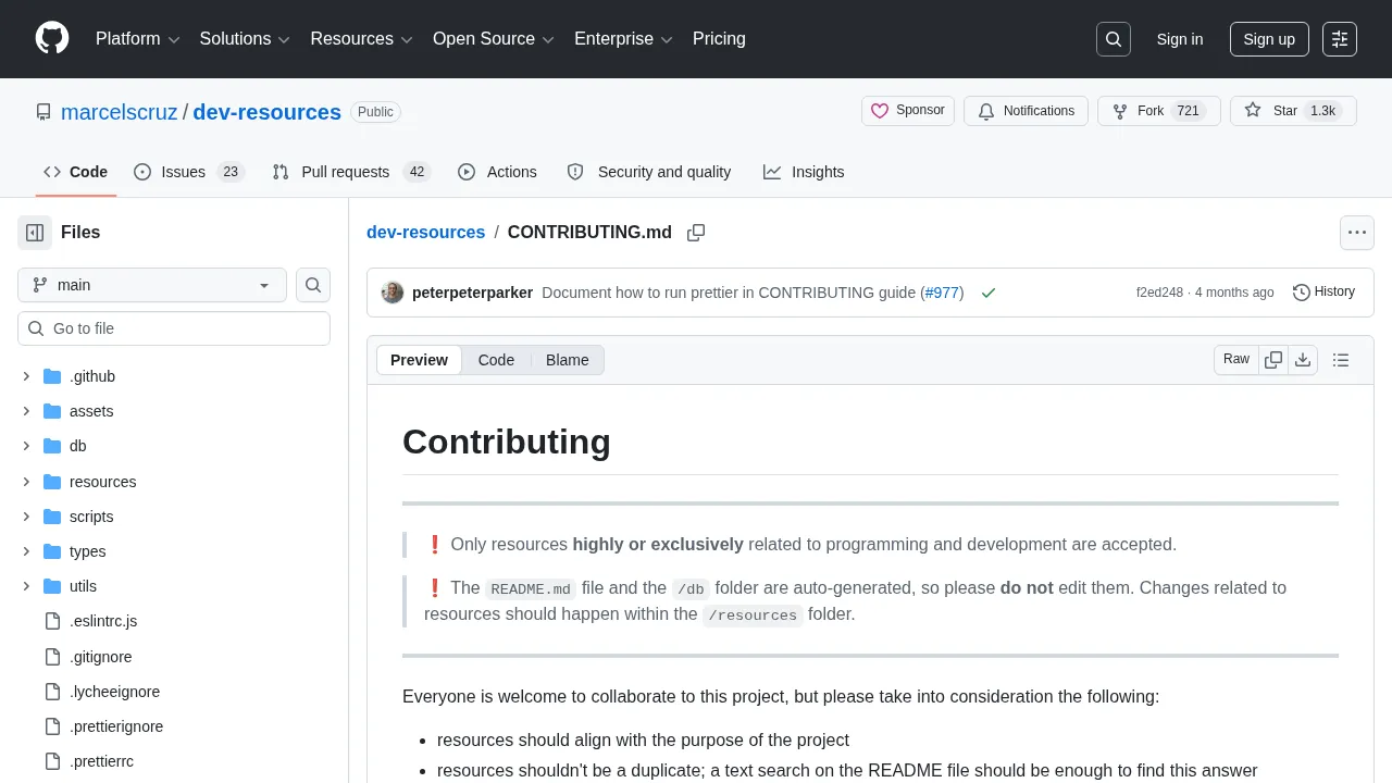 Dev Resources contribution guidelines showing the resource format and requirement to edit the resources folder