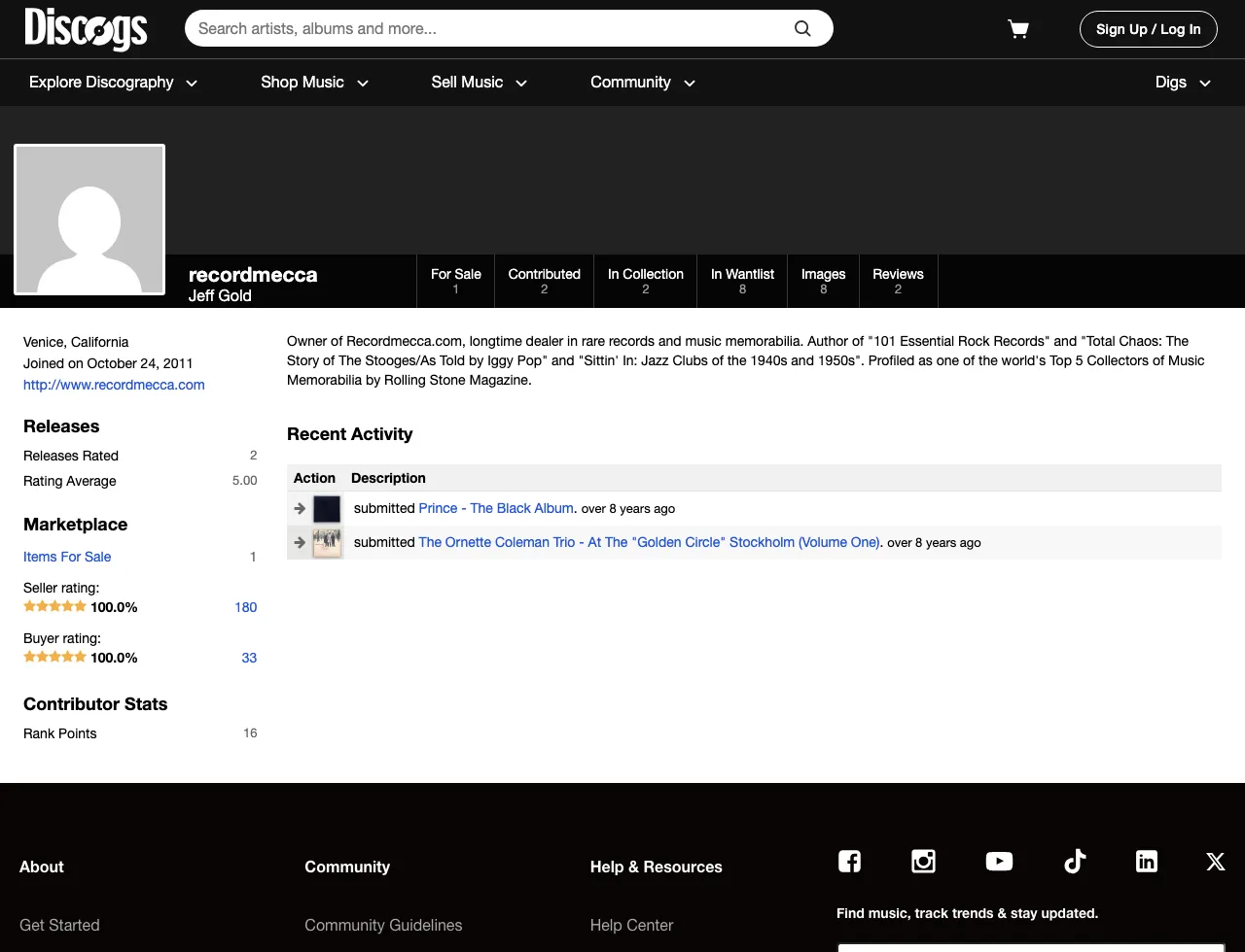 Discogs public user profile showing an external website link in the left sidebar