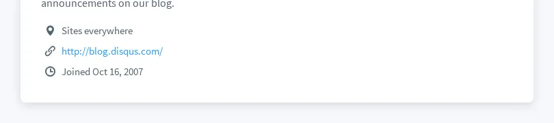 Disqus profile About tab showing the public website link field