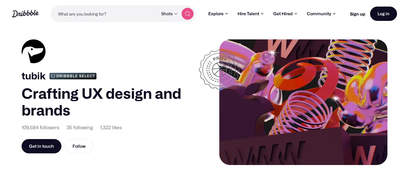 Dribbble profile contact area showing a public website link