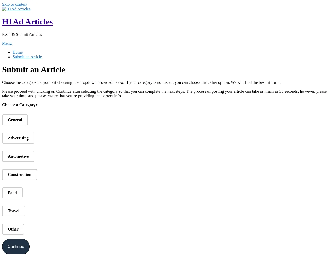 Archived H1Ad Articles submission page showing the category selection step