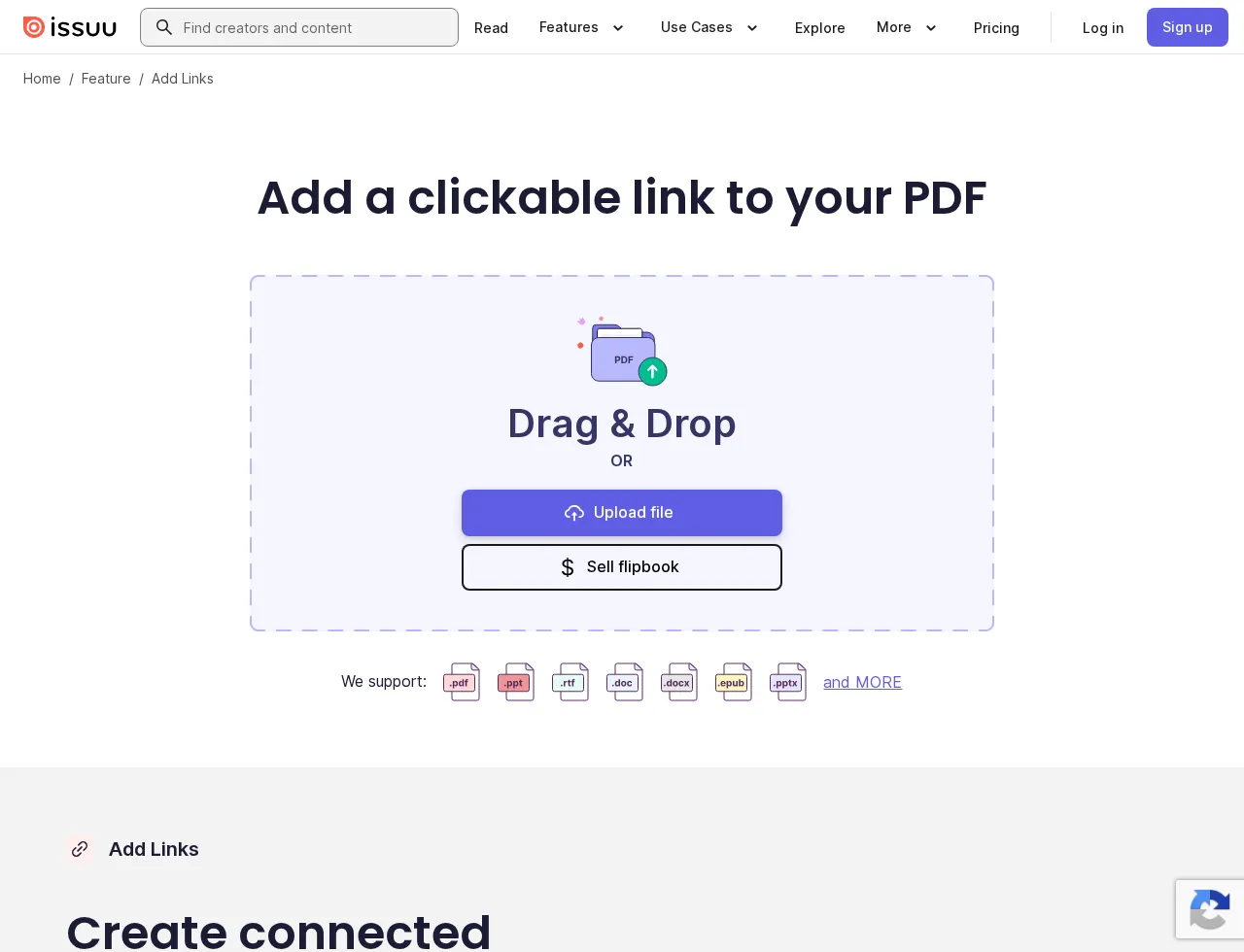 Issuu Add Links page explaining external links in PDFs and flipbooks