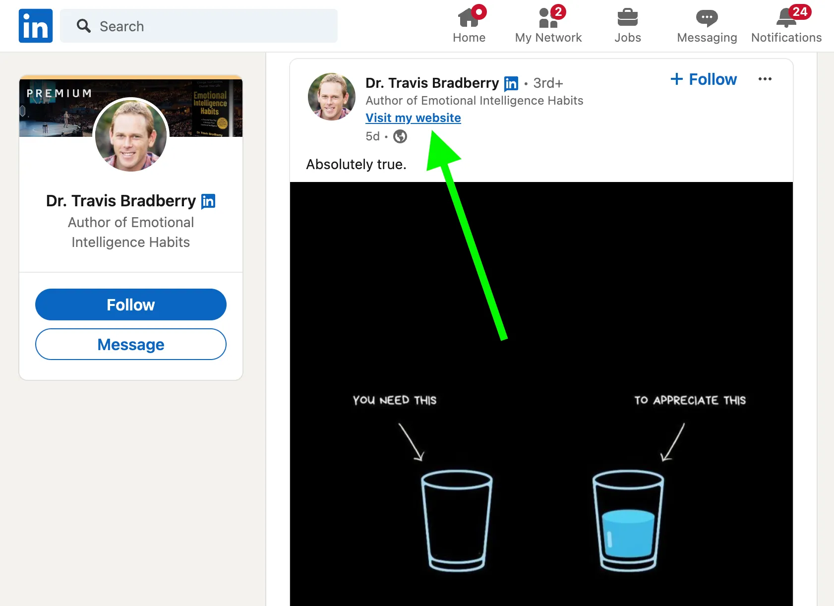 LinkedIn profile showing Visit my website link