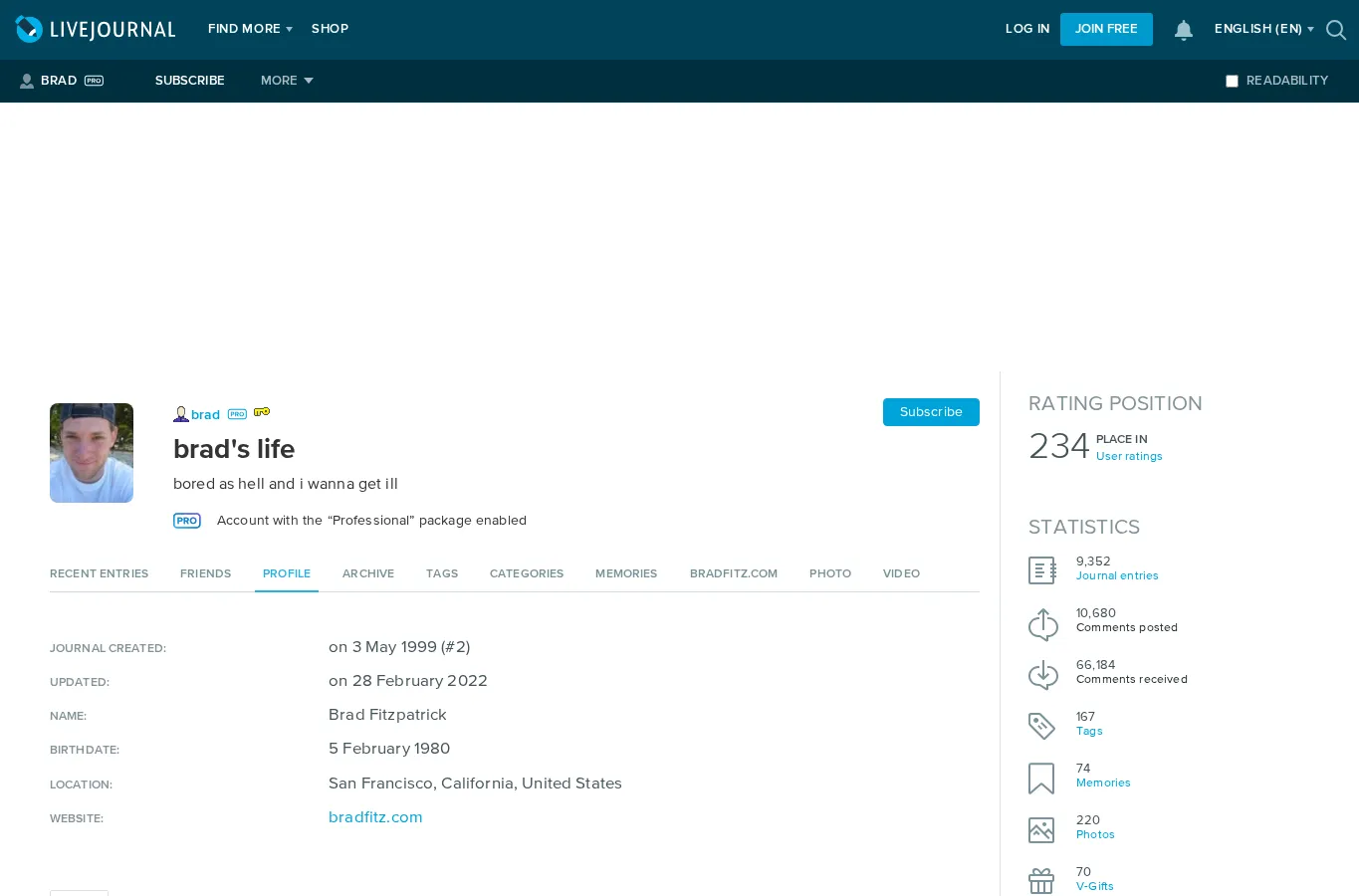 LiveJournal public profile showing a direct Website link