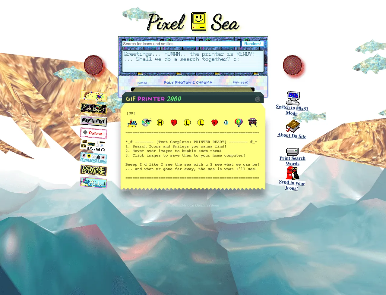 Pixel Sea, a published Neocities site whose sidebar buttons are ordinary outbound links to external domains