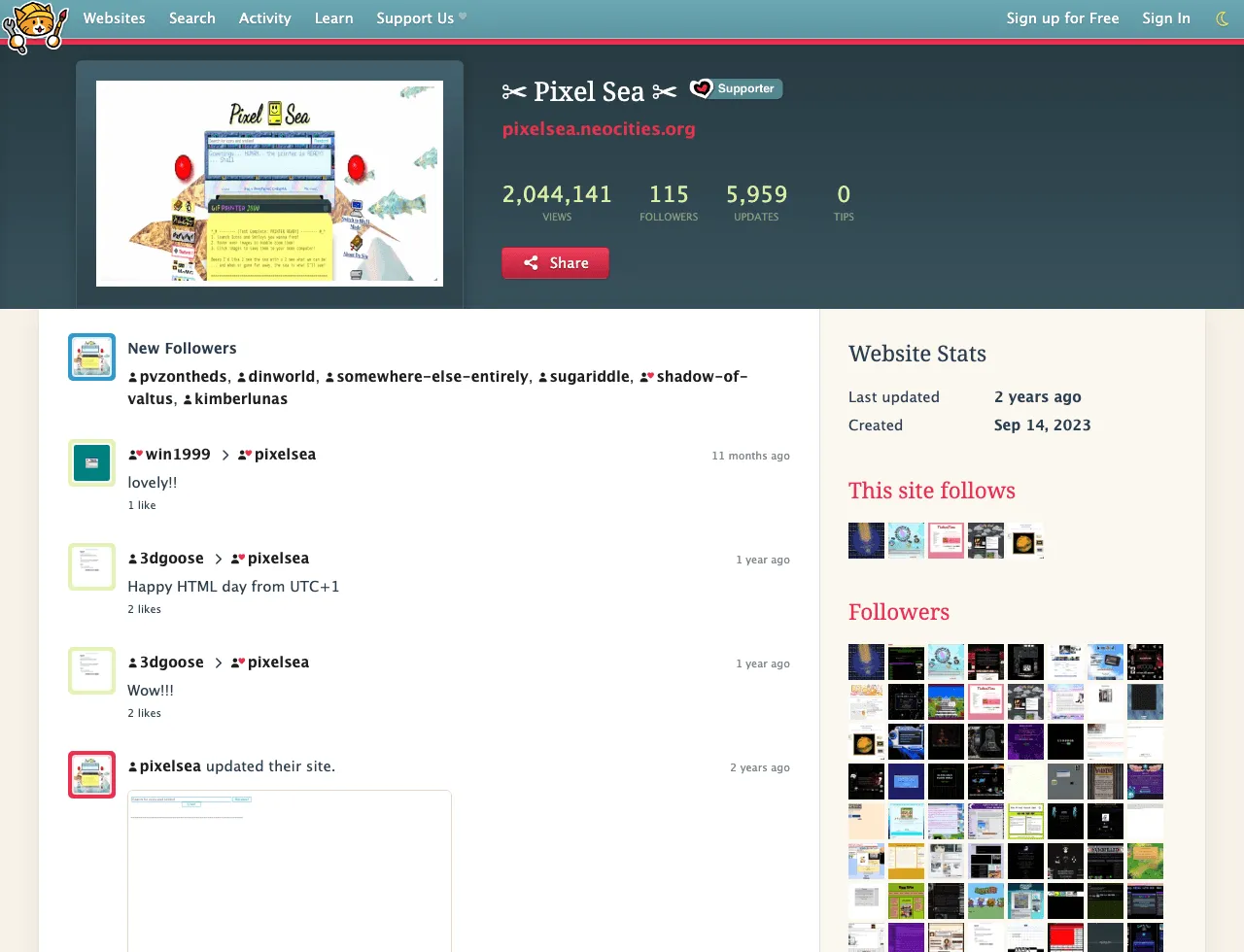 Neocities public site profile for Pixel Sea showing the direct link to the site, view count, followers, and update feed