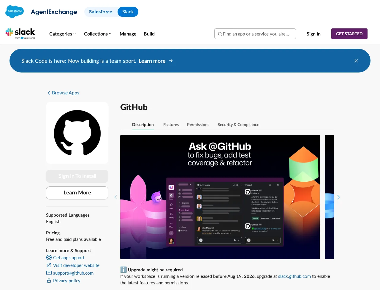 Slack Marketplace GitHub listing showing an external app website link