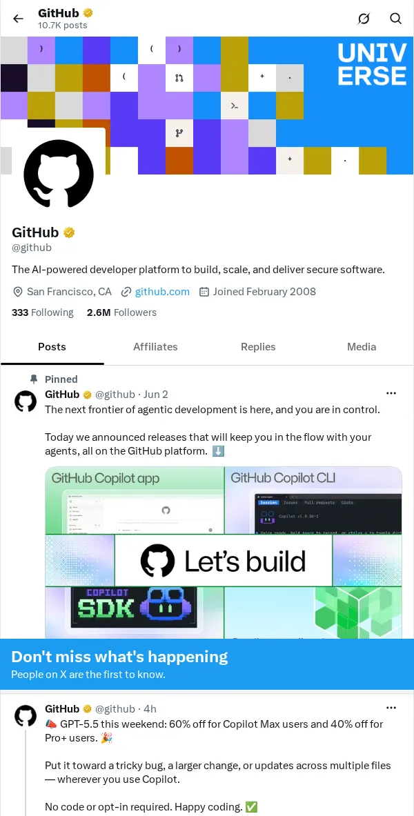 X profile showing GitHub website link in the public profile header