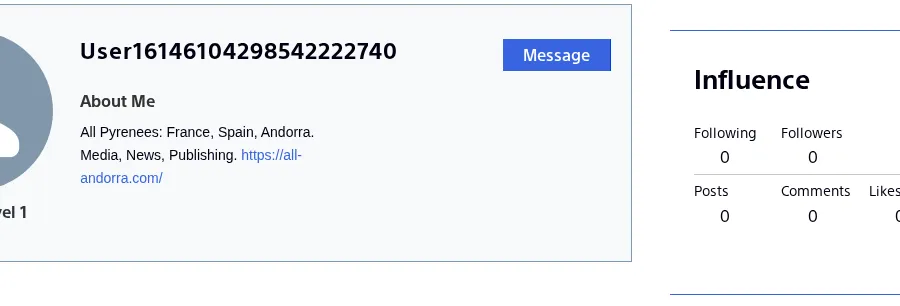 Sony Electronics Community public profile showing an About Me external URL