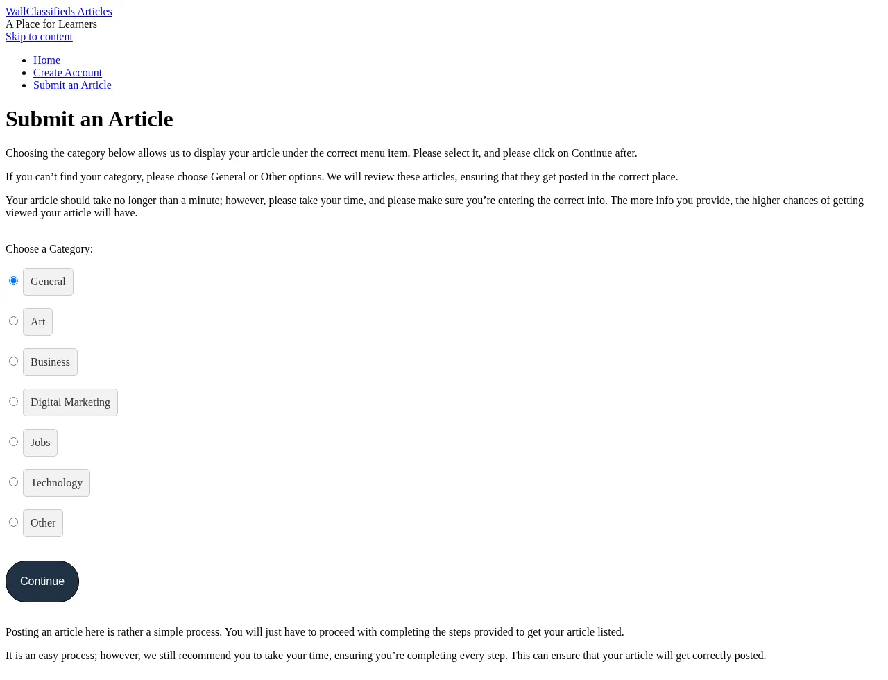 Archived WallClassifieds submit page showing the article category selection step