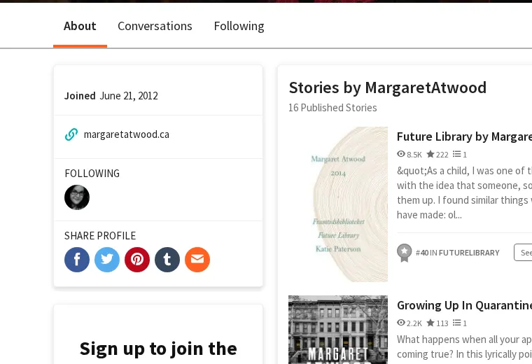 Wattpad public profile showing a visible external website link