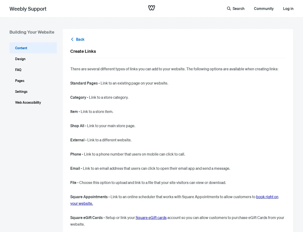 Weebly support article showing the text-link workflow for adding website URLs