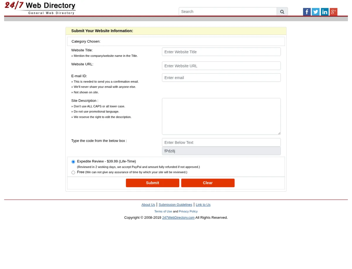 247WebDirectory.com submit form showing the website URL, description, captcha, free review, and expedited review options