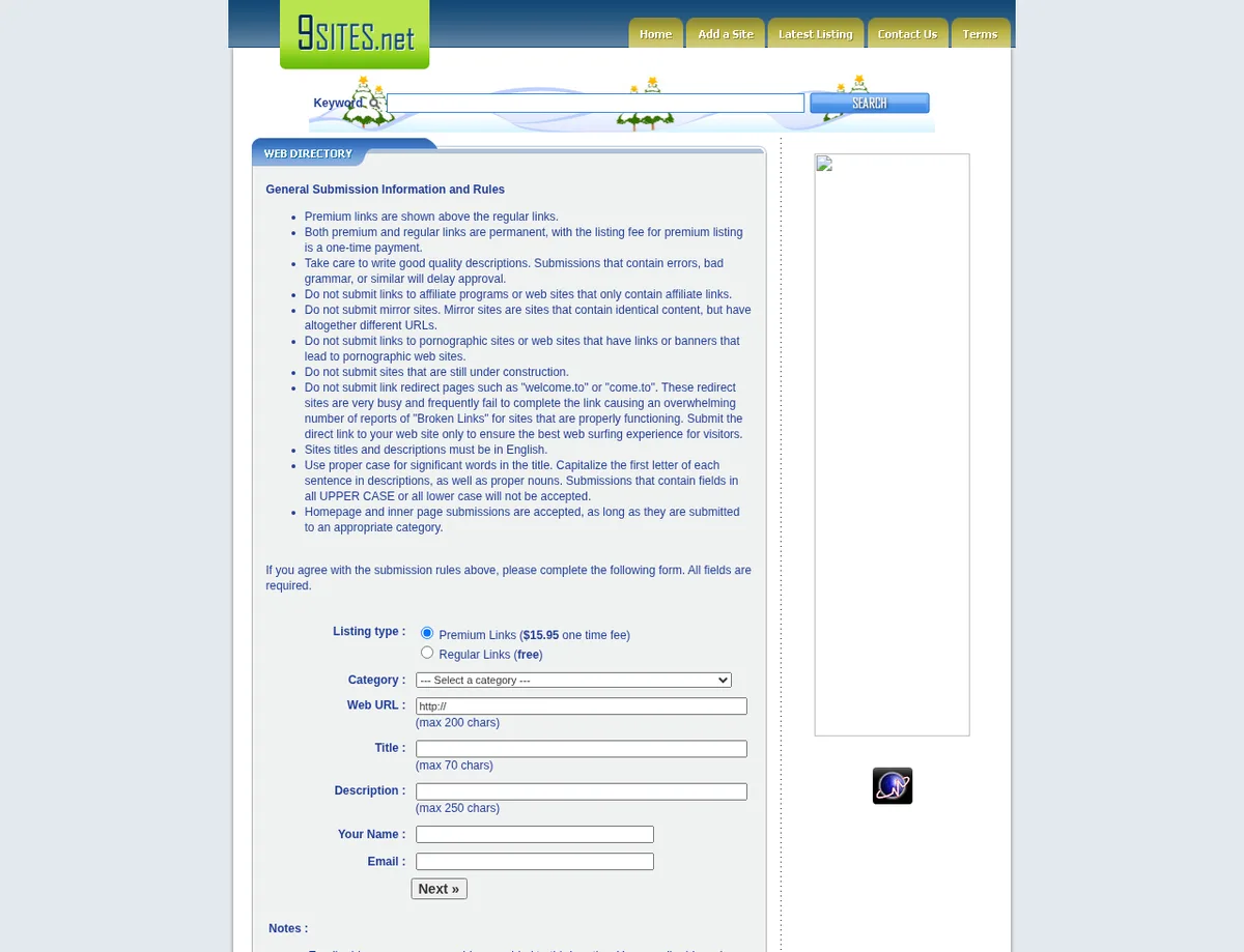 9Sites submission form showing free regular and paid premium listing options