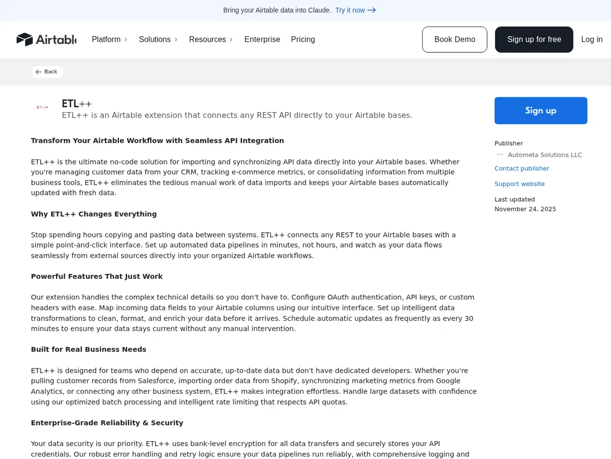 Airtable Marketplace ETL++ listing showing publisher details, Contact publisher, and Support website links
