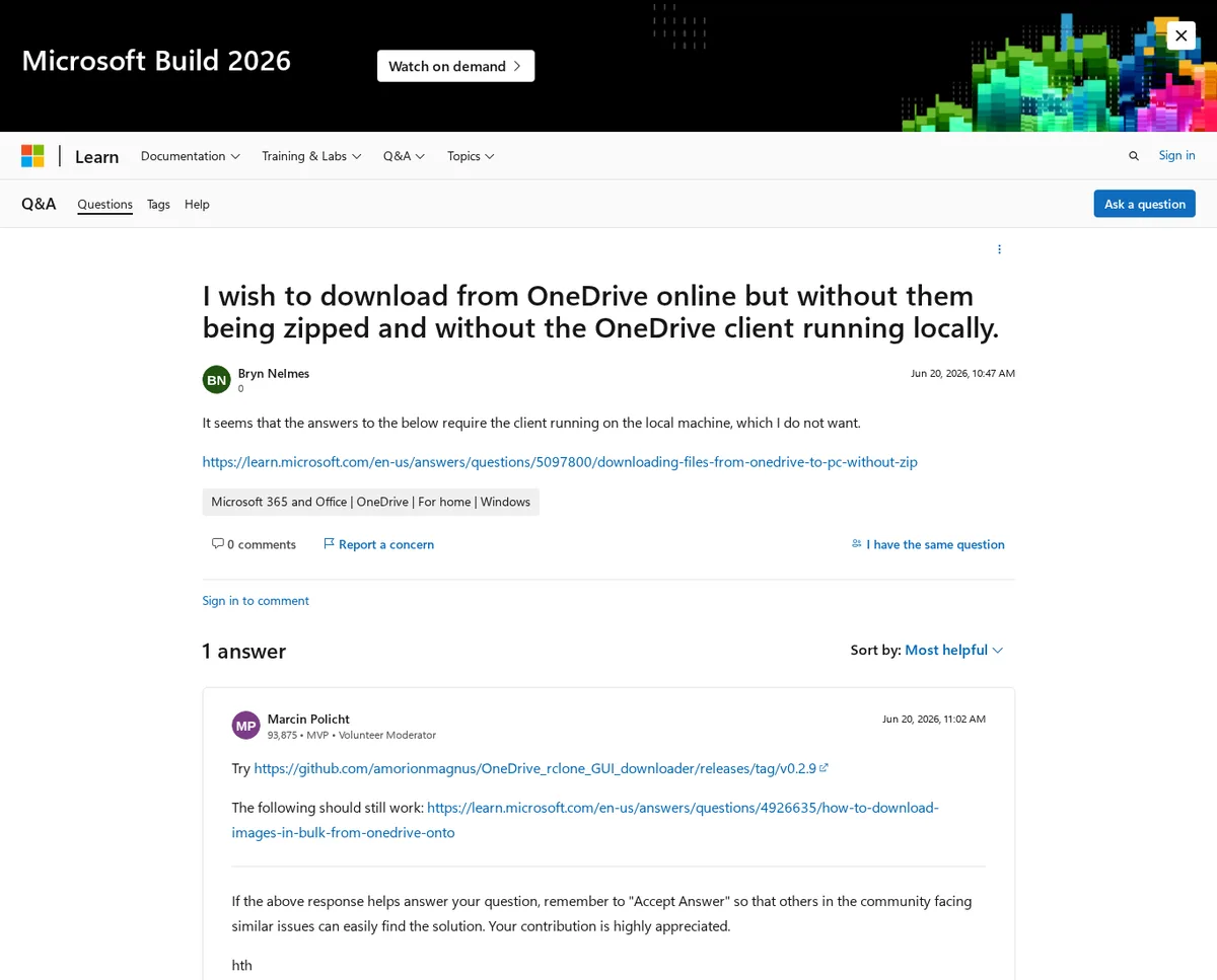 Microsoft Q&A answer showing an external GitHub resource link in a public troubleshooting thread