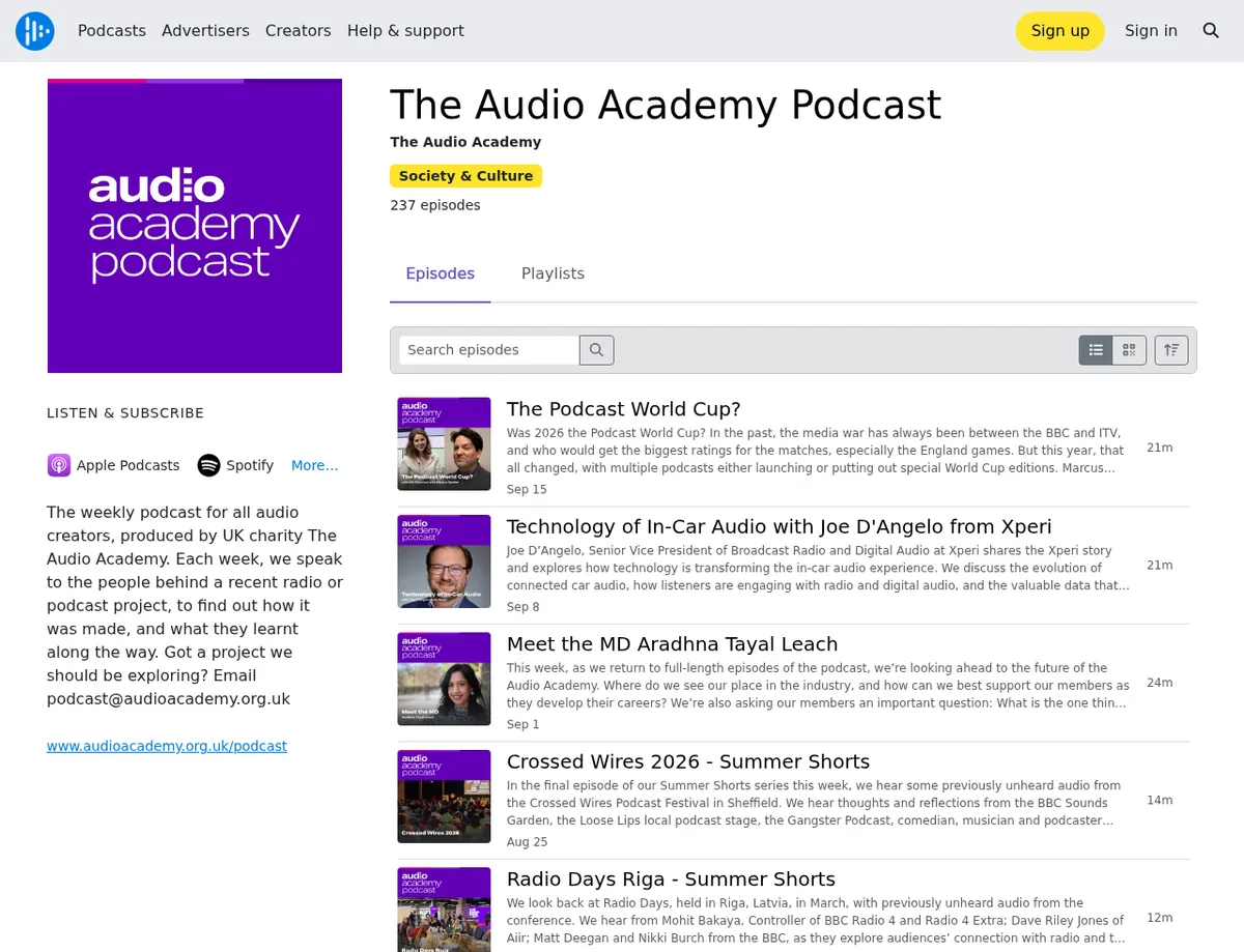 Audioboom public podcast page showing the podcast website link