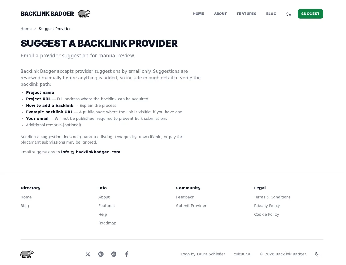 Backlink Badger suggestion page showing the required provider evidence fields