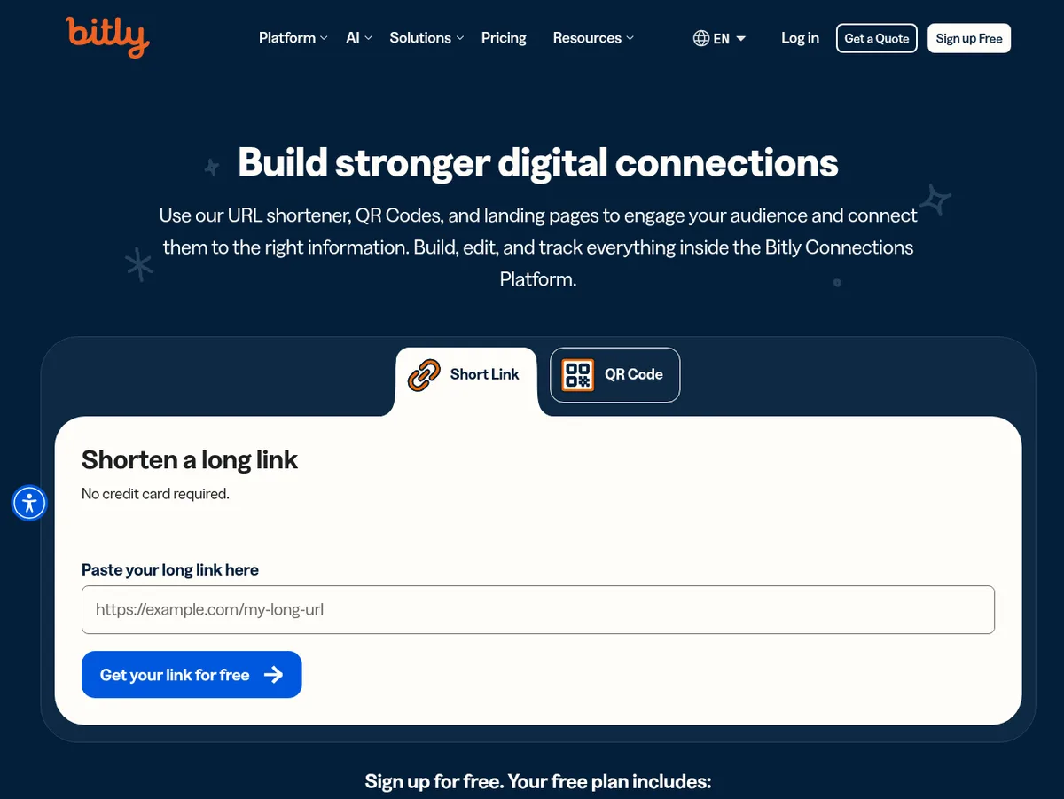Bitly short-link form showing the field where a user pastes a long destination URL