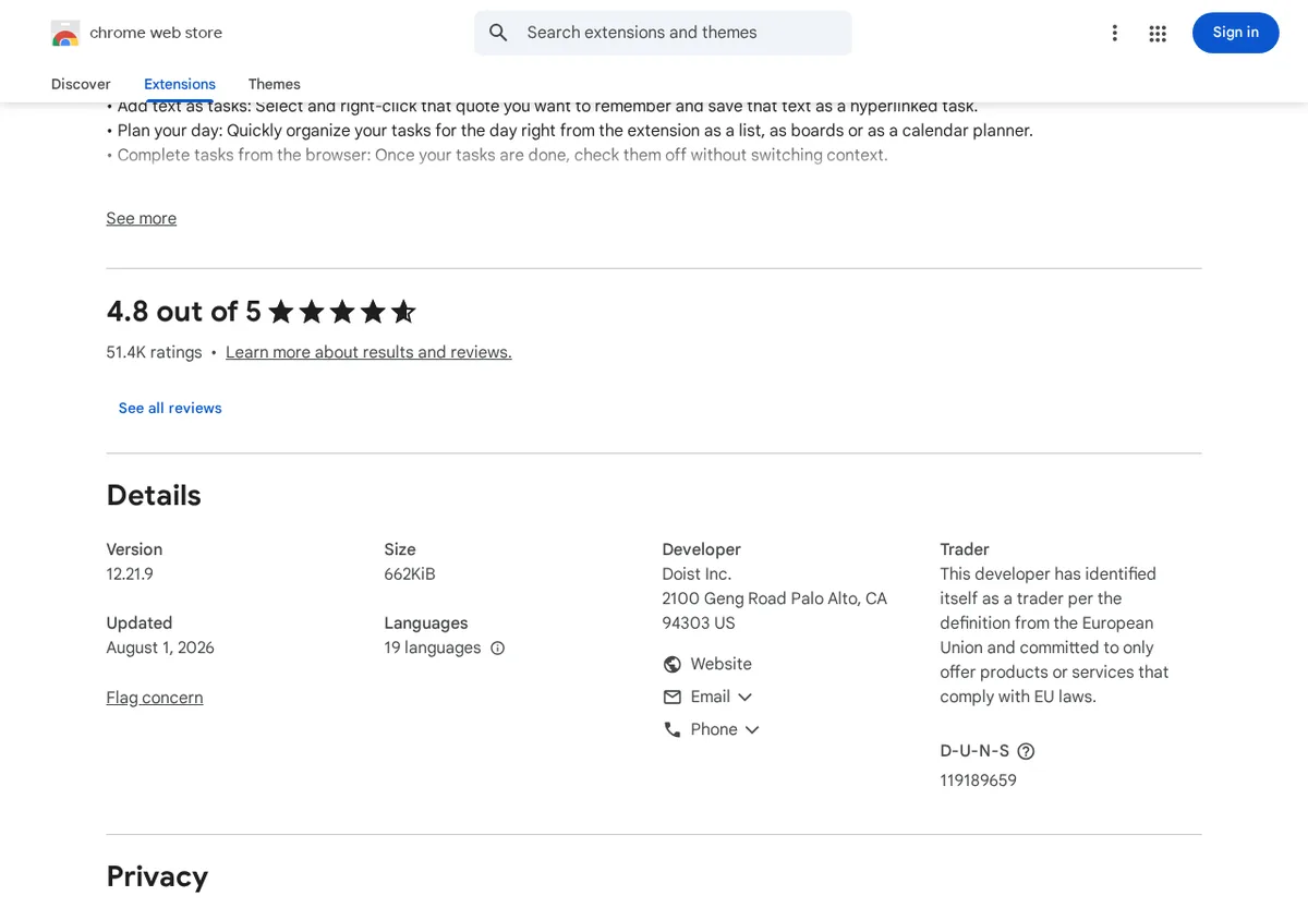 Chrome Web Store Details section showing Todoist's public Website backlink under Developer