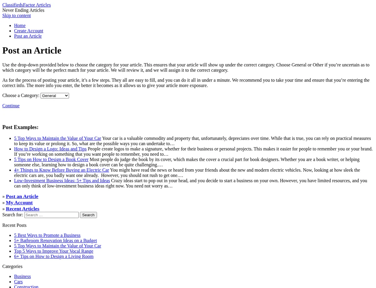 ClassifiedsFactor Articles archived Post an Article page showing the category selector and submission instructions
