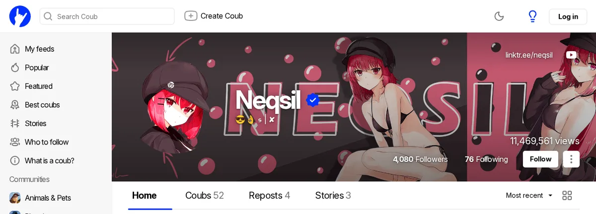 Signed-out Coub channel showing the Neqsil name and its linktr.ee/neqsil website link in the upper-right header