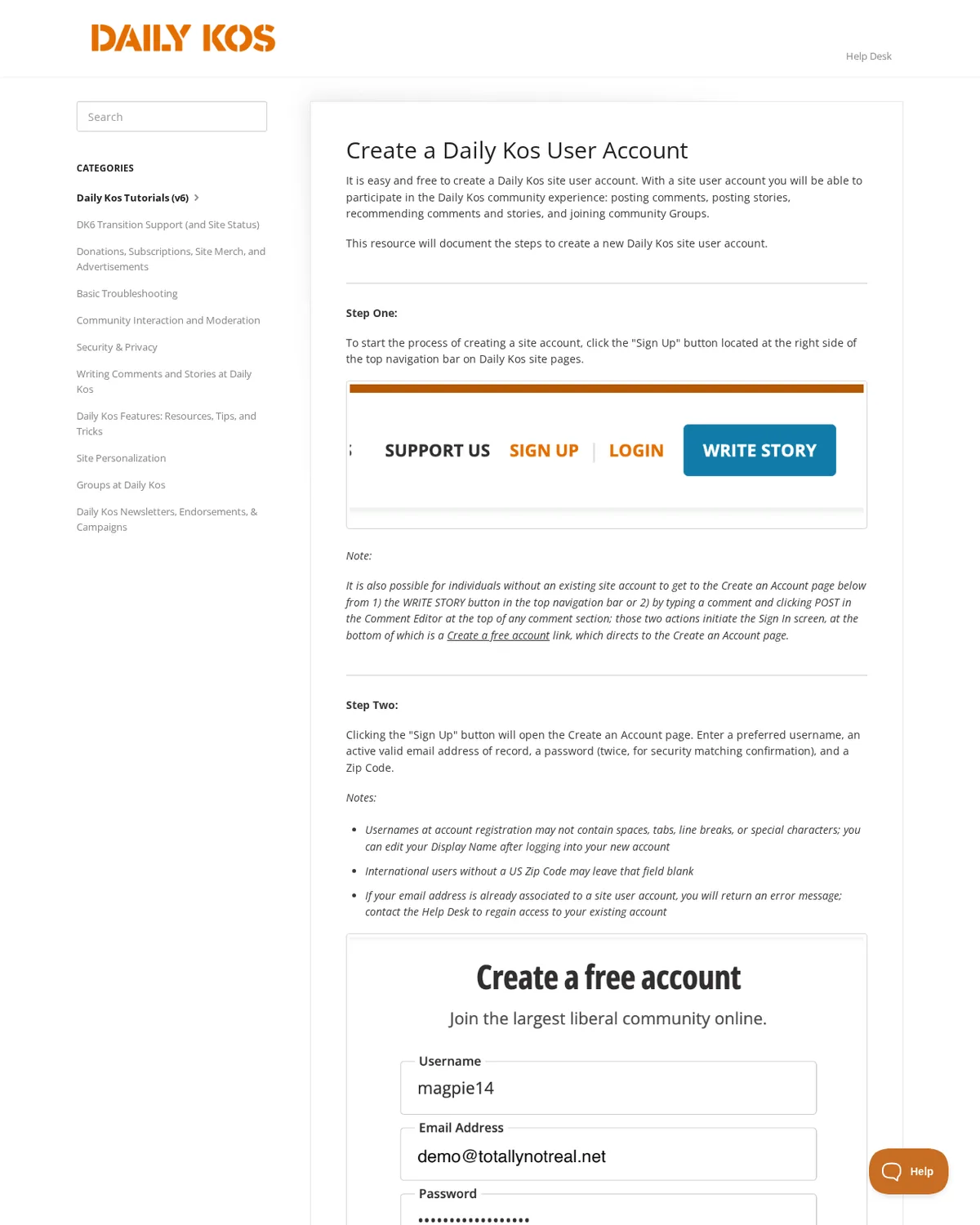 Daily Kos account guide showing the Sign Up route and username, email, password, and ZIP-code requirements