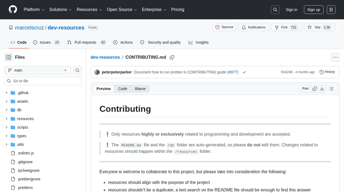 Dev Resources contribution guidelines showing the resource format and requirement to edit the resources folder