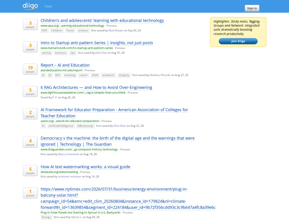 Diigo hot bookmarks page showing public saved outbound resources