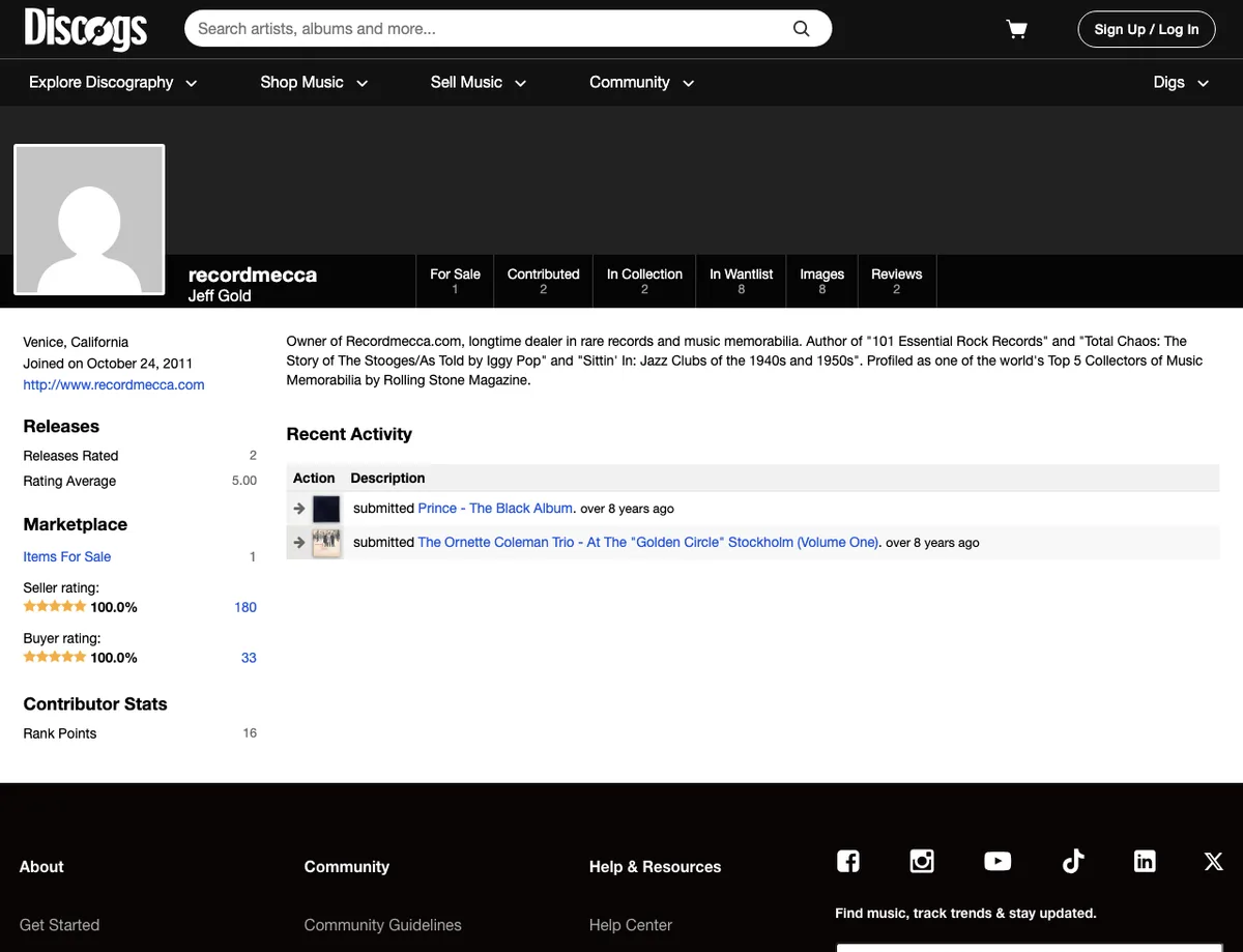 Discogs public user profile showing an external website link in the left sidebar