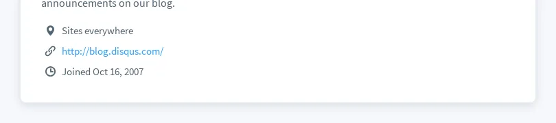 Disqus profile About tab showing the public website link field