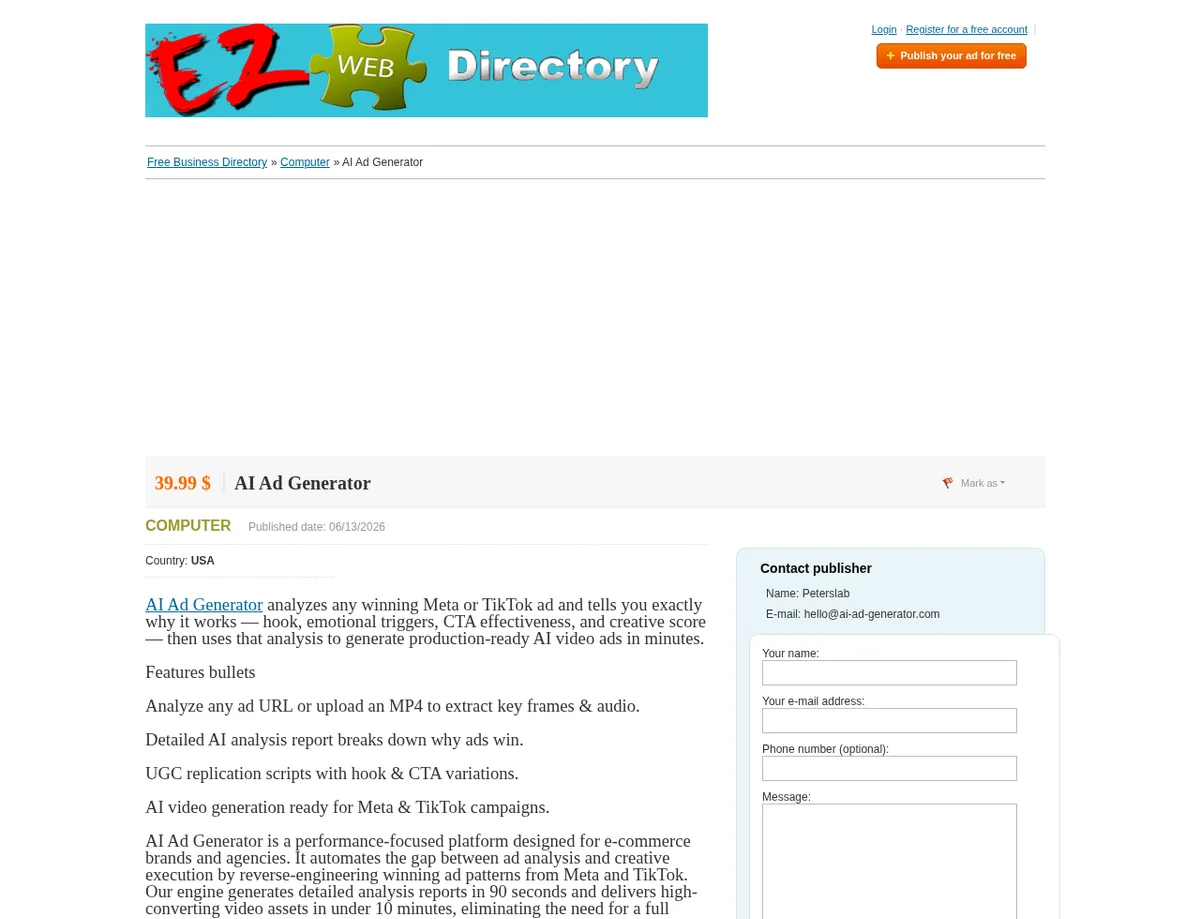 EZ Web Directory listing showing a clickable external description link
