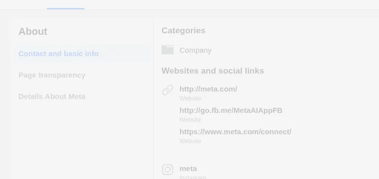 Facebook Page About section showing public website links routed from a Page profile