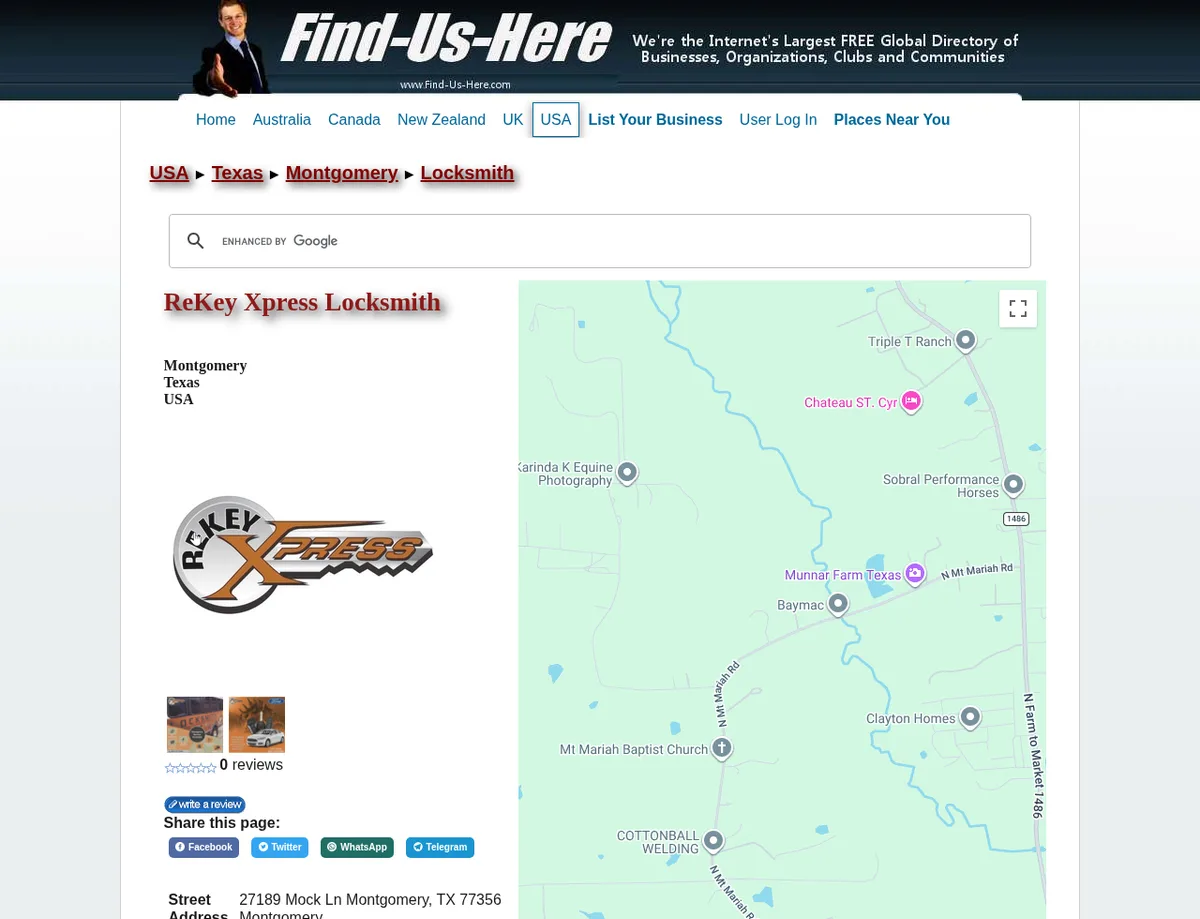 Find-Us-Here.com business listing showing a public website backlink
