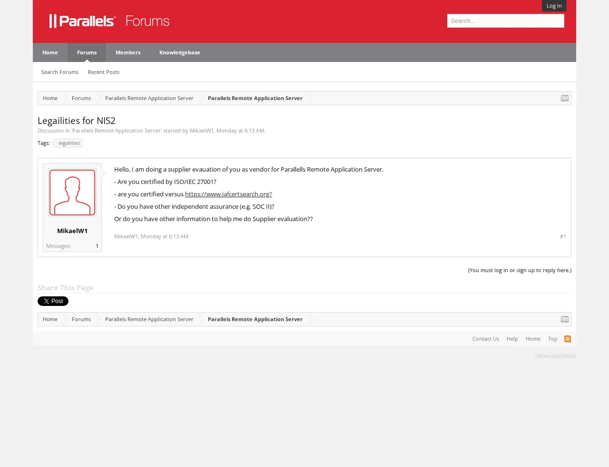 Parallels forum thread showing a user-added external reference link