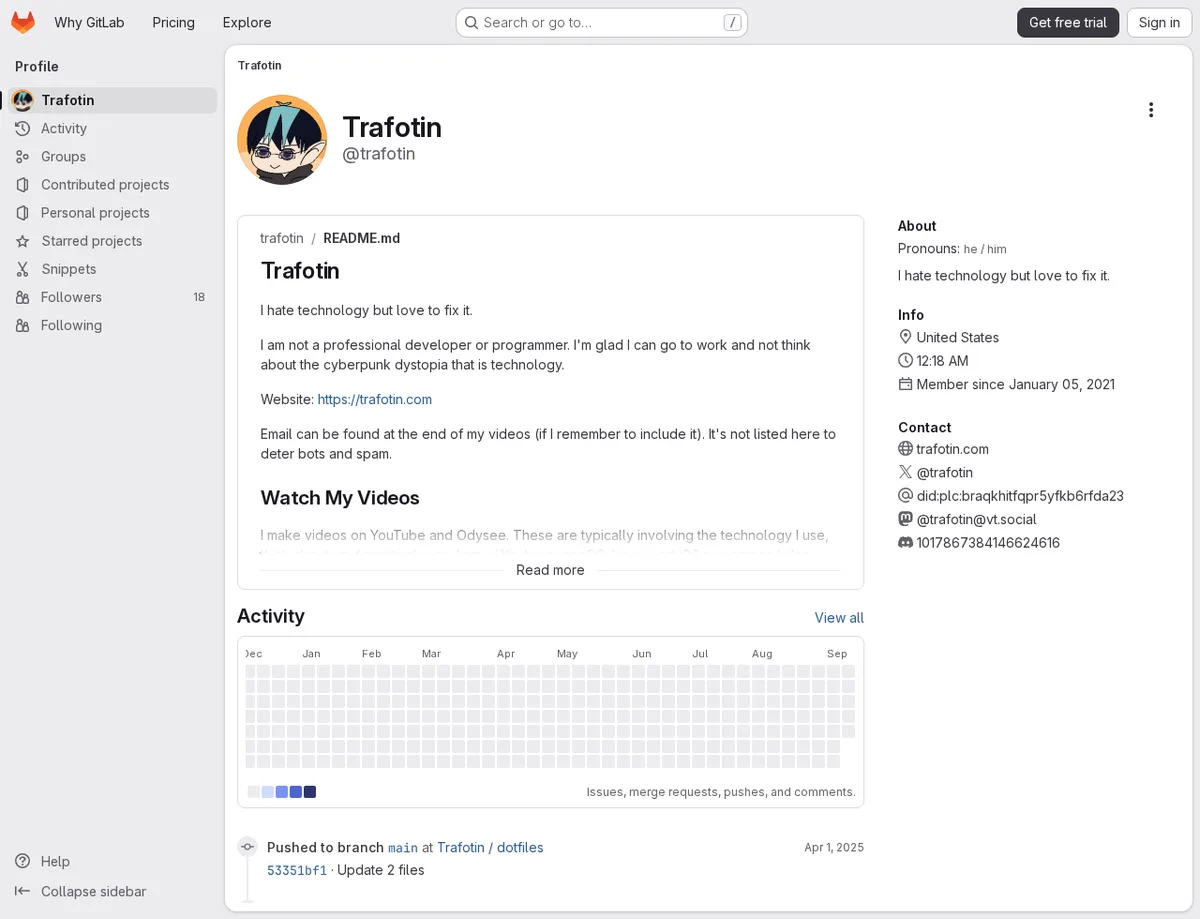 GitLab public profile showing website links in the README and Contact panel