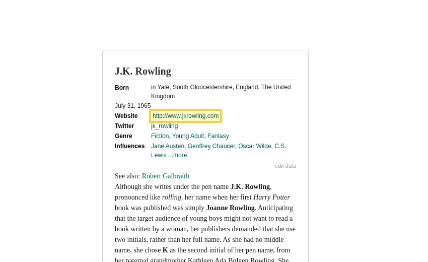 Goodreads author profile showing a direct author website link