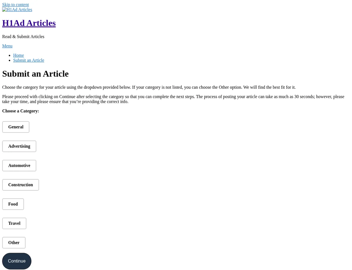 Archived H1Ad Articles submission page showing the category selection step