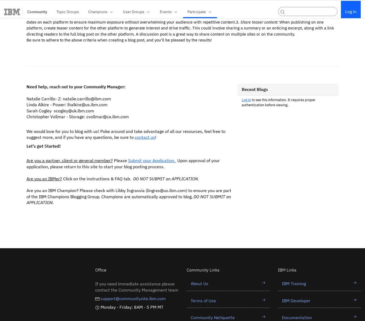 IBM Community blogging page showing the application step for contributors