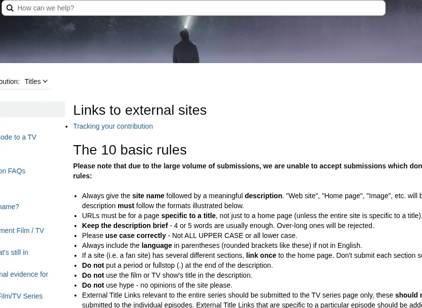 IMDb Help article showing External Sites submission rules for title pages