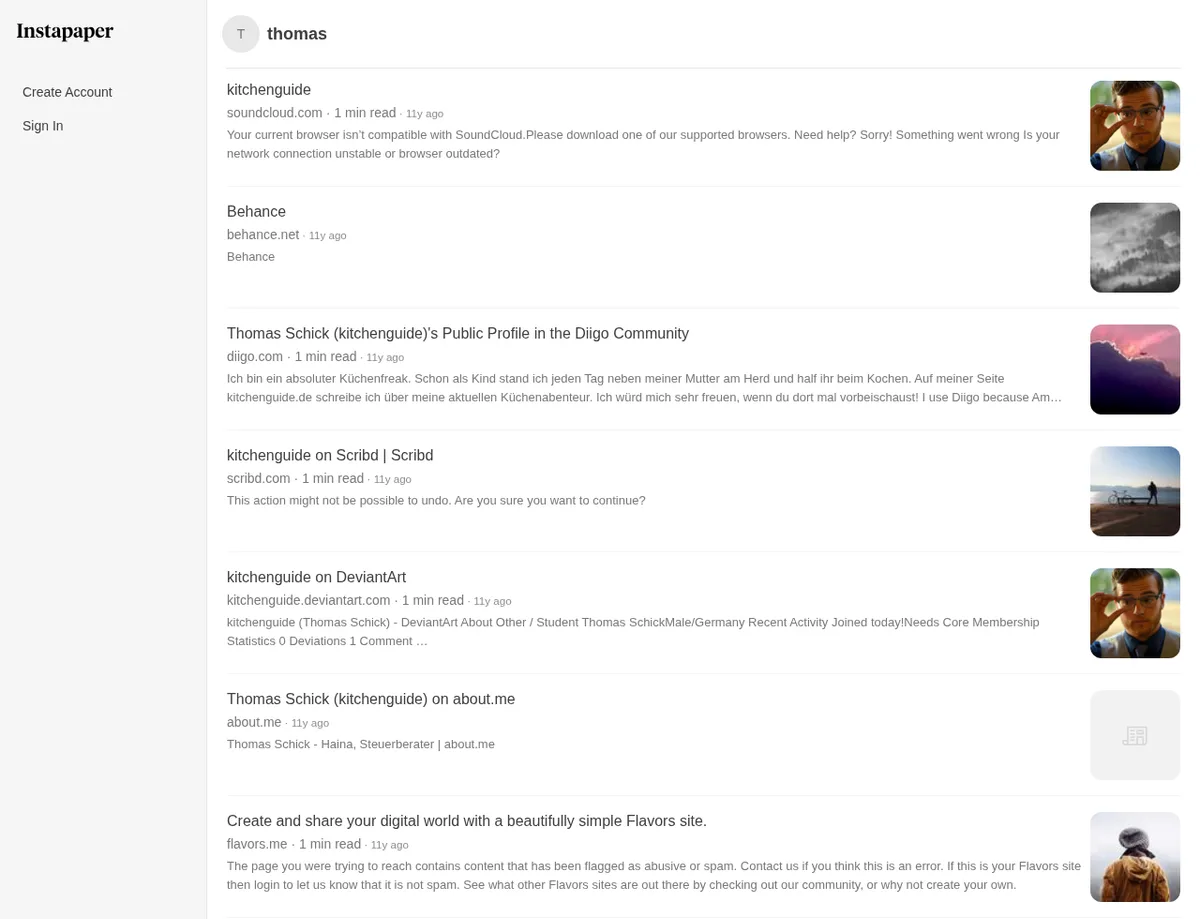 Instapaper public reading list showing saved-item titles and external website domains without signing in