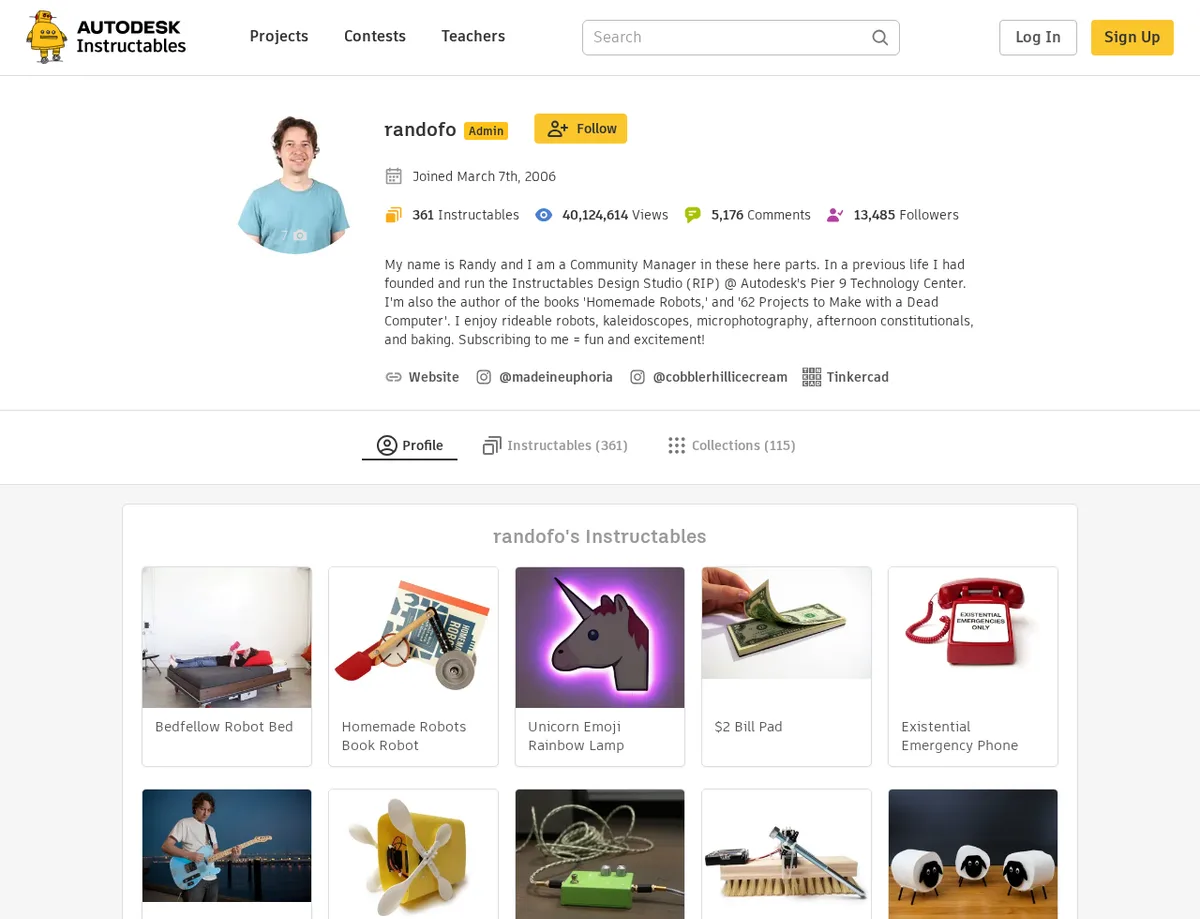 Instructables member profile showing visible website and social links