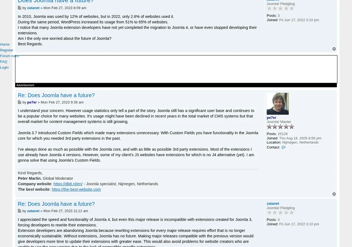Archived Joomla Forum topic showing public author-card Website links and nofollow post-body URLs