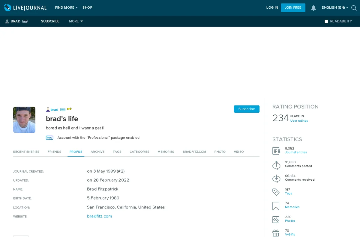 LiveJournal public profile showing a direct Website link